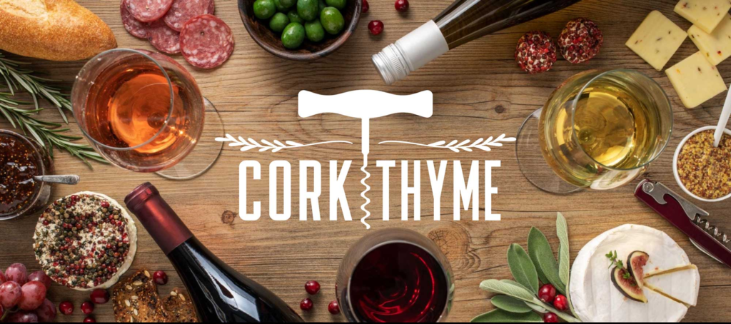 Cork Thyme Wine Bar logo layered over a gourmet charcuterie board with wine flights and fresh ingredients in Historic Avondale.
